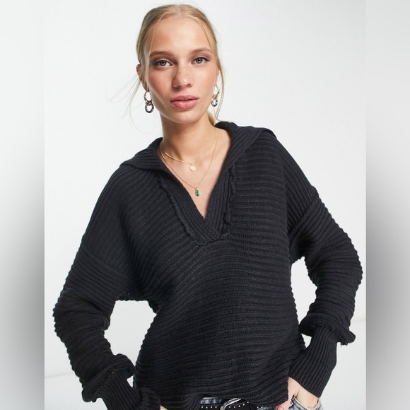 Free People Marlie Deep V Neck Ribbed Sweater in Black Size Large - Picture 3 of 10